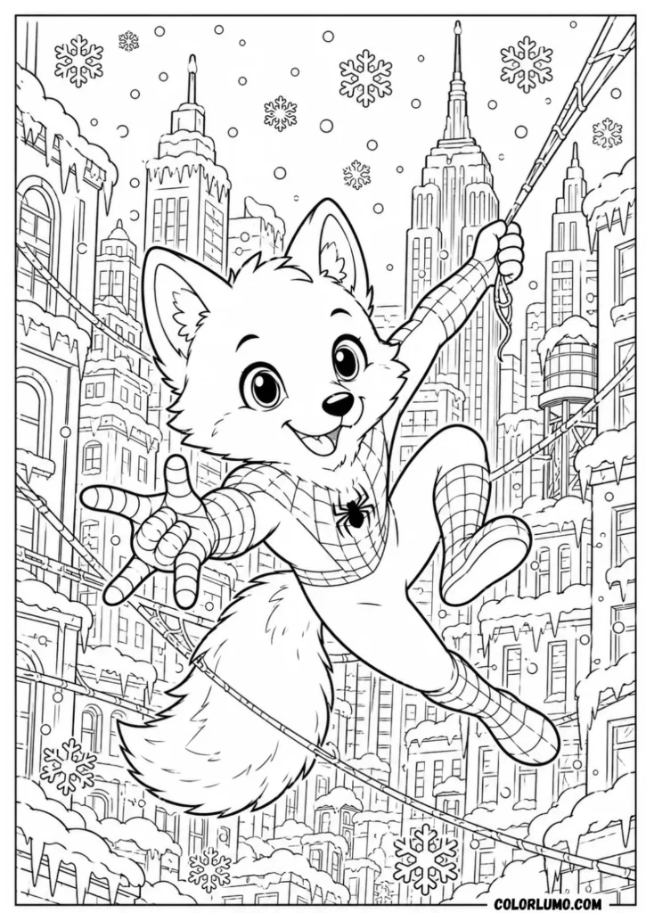 Arctic fox in spider-inspired suit swinging through winter city coloring page