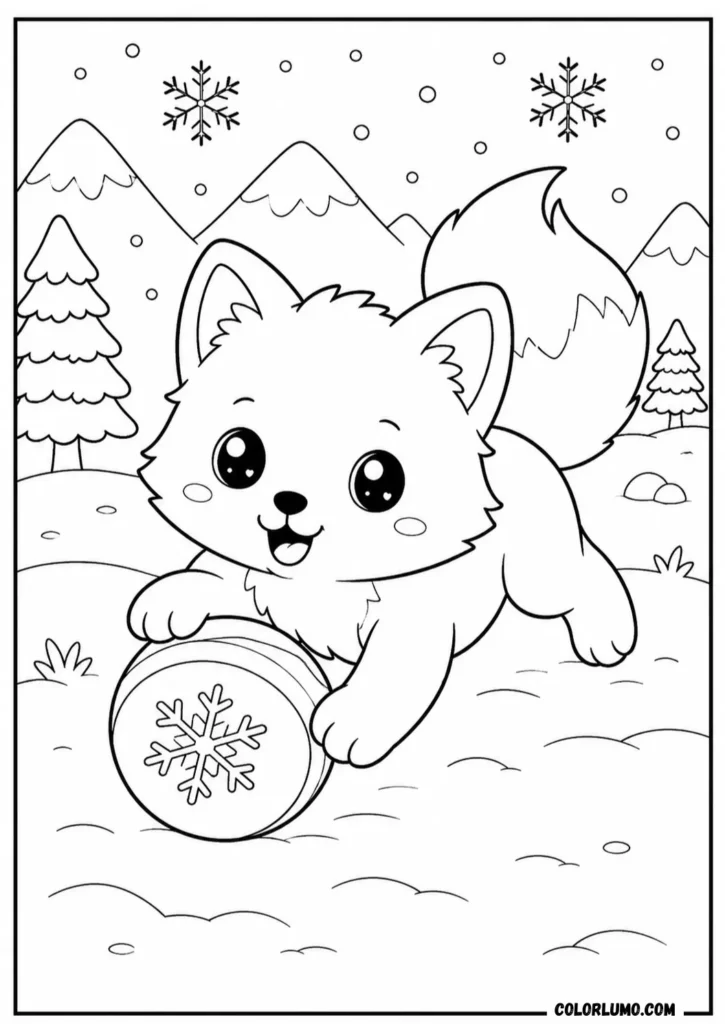 Arctic fox playing with a ball coloring page