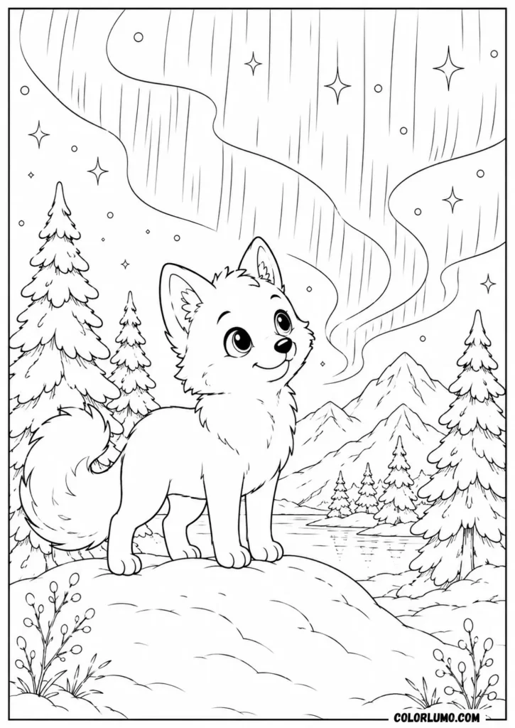 Arctic fox under northern lights aurora winter coloring page
