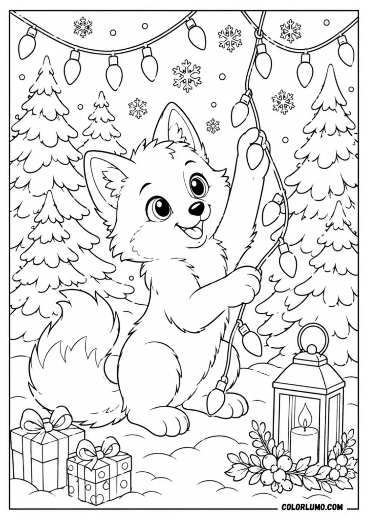 Arctic fox with Christmas lights in winter forest coloring page