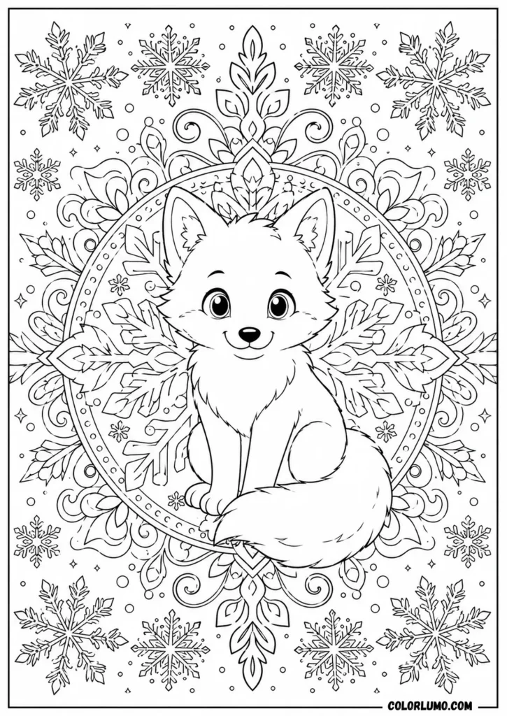 Arctic fox with mandala snowflake pattern coloring page