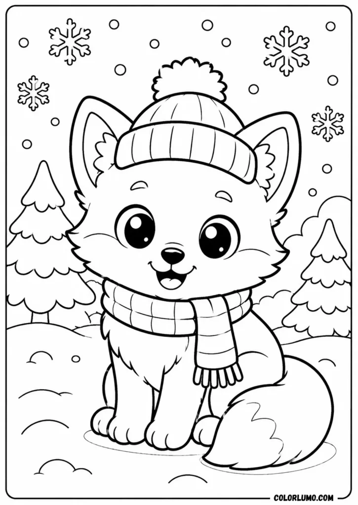 Cartoon Arctic fox coloring page wearing scarf and winter hat