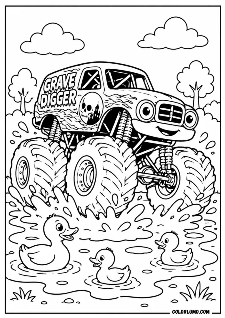 Cute Grave Digger monster truck puddle splash coloring pages