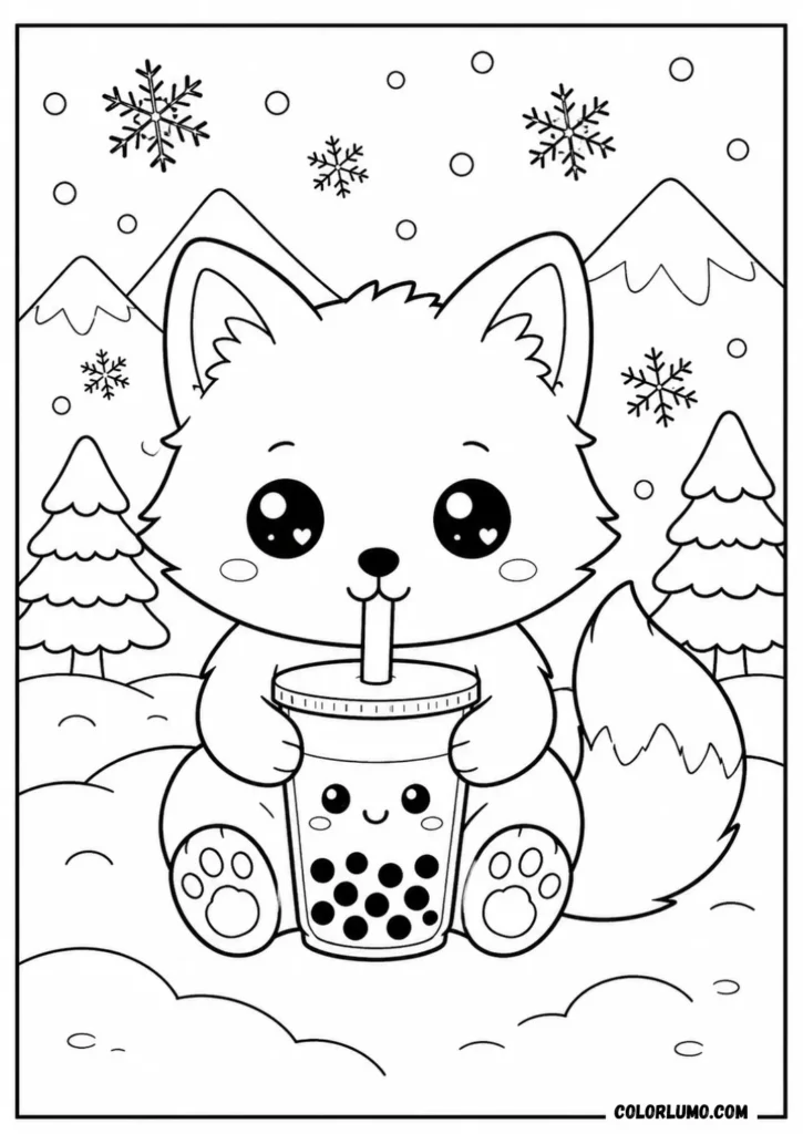 Cute baby Arctic fox coloring page drinking boba tea