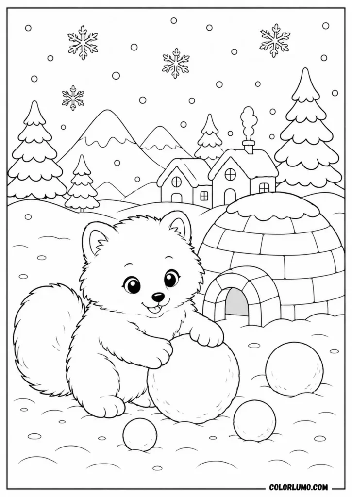 Cute baby Arctic fox coloring page playing with snowballs