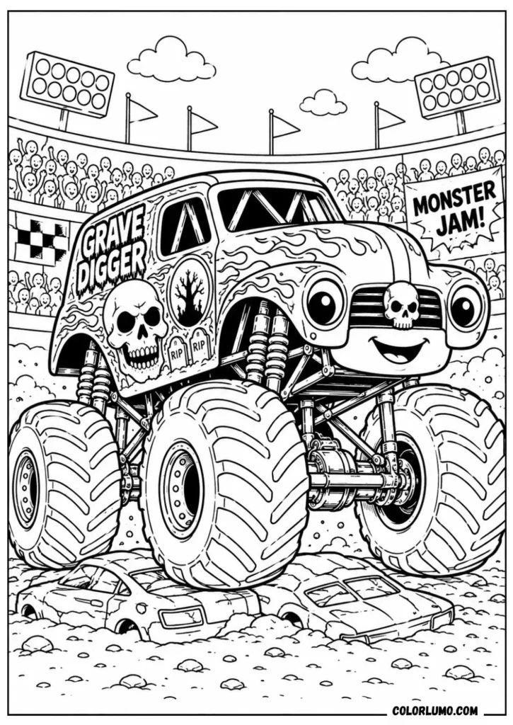 Cute cartoon Grave Digger monster truck coloring pages