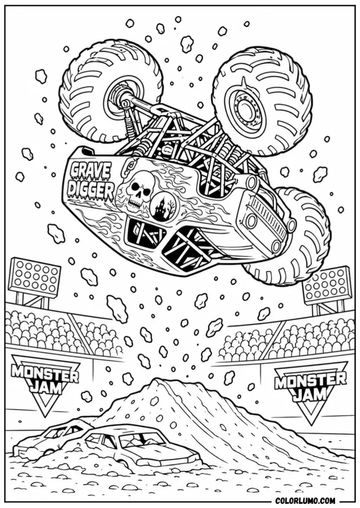 Grave Digger 360 flip monster truck coloring pages