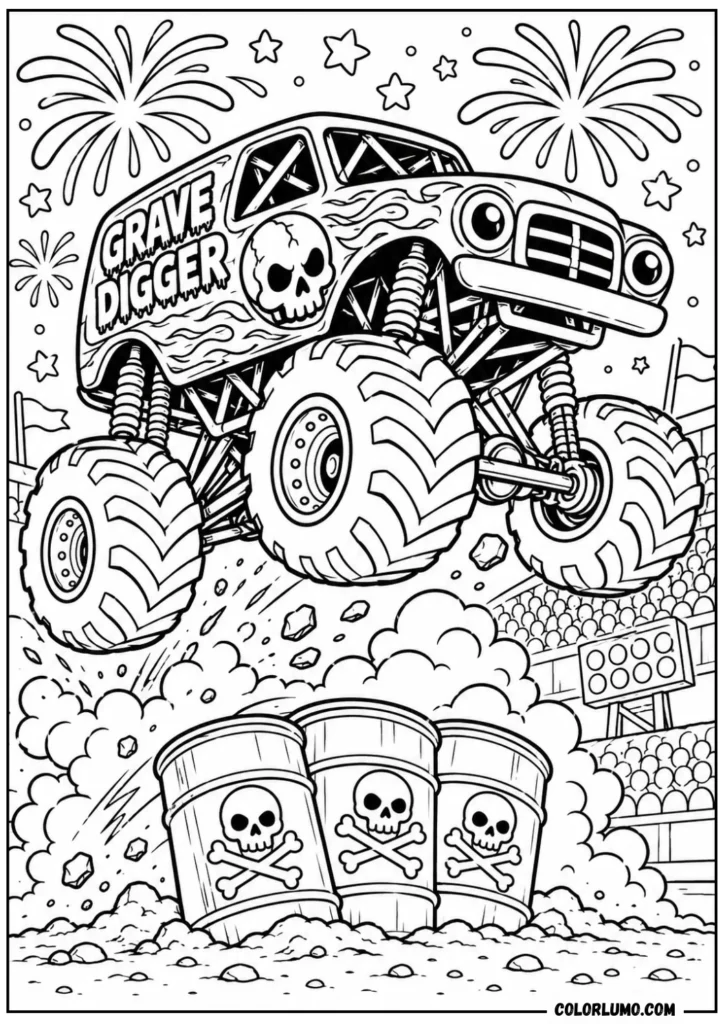 Grave Digger monster truck barrel jump coloring page