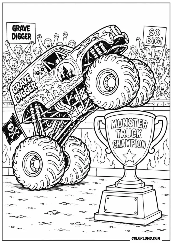 Grave Digger monster truck coloring page wheelie with giant trophy
