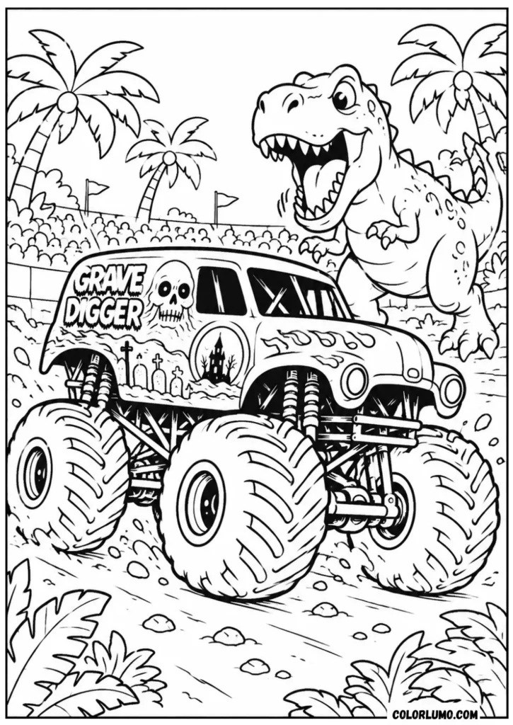 Grave Digger monster truck coloring page with a dinosaur chasing