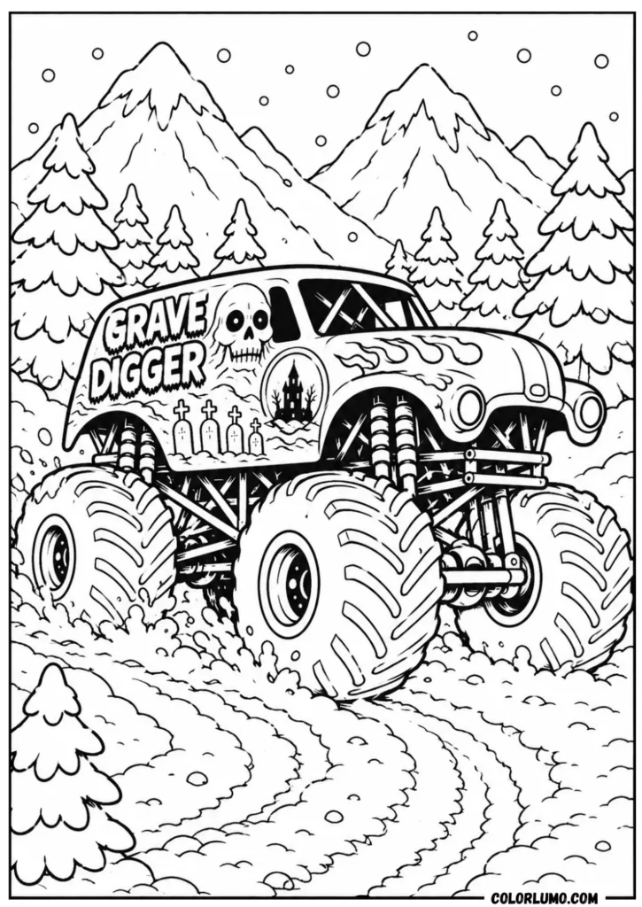 Grave Digger monster truck coloring pages with snowy mountain track