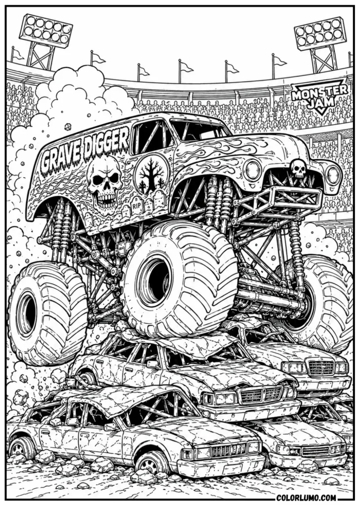 Grave Digger monster truck crushing cars coloring page