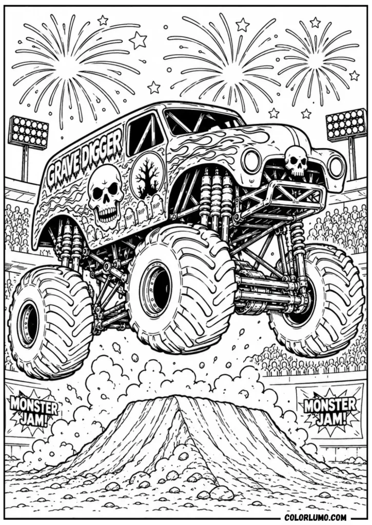 Grave Digger monster truck jumping over a dirt ramp with fireworks coloring pages