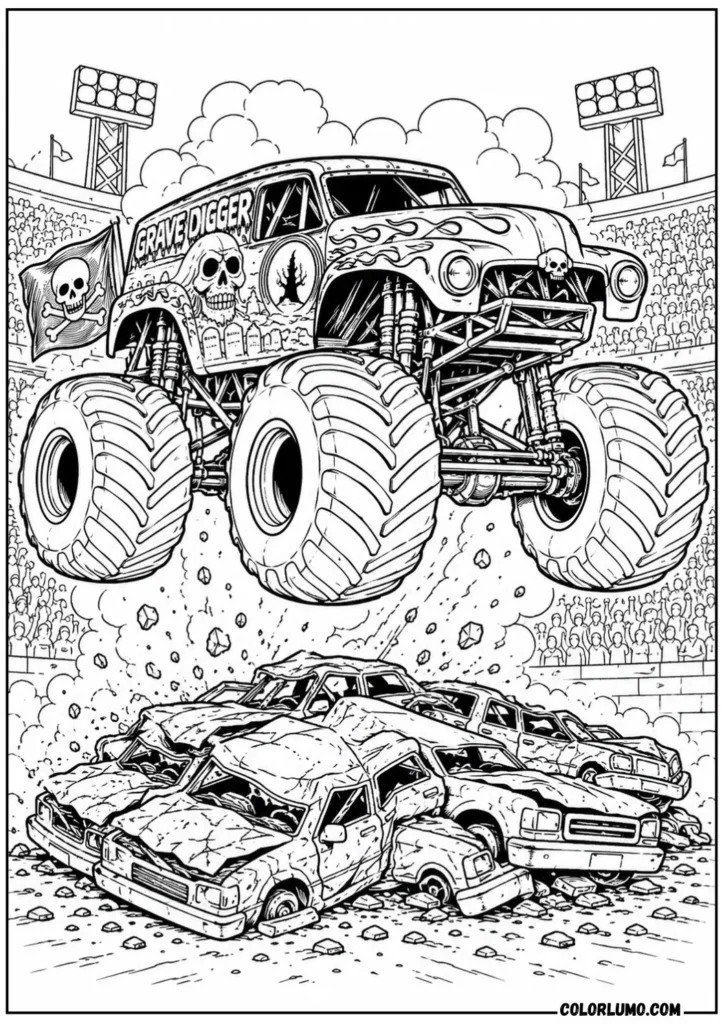 Grave Digger monster truck jumping over crushed cars coloring page