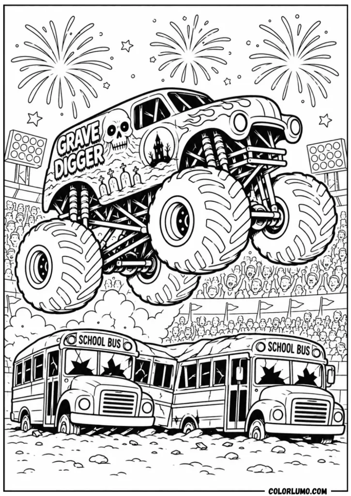 Grave Digger monster truck jumping over school buses coloring page