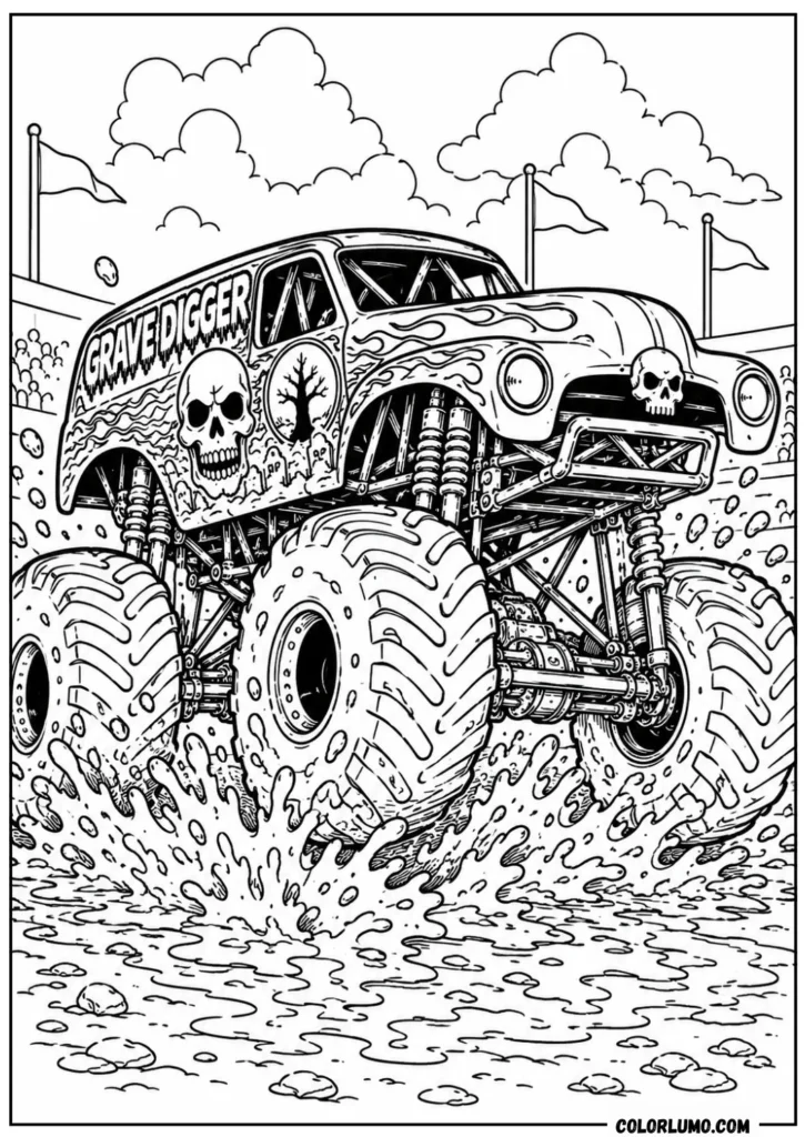 Grave Digger monster truck mud arena coloring page 
