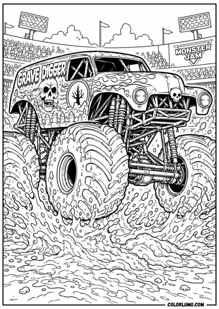 Grave Digger monster truck mud arena coloring sheet