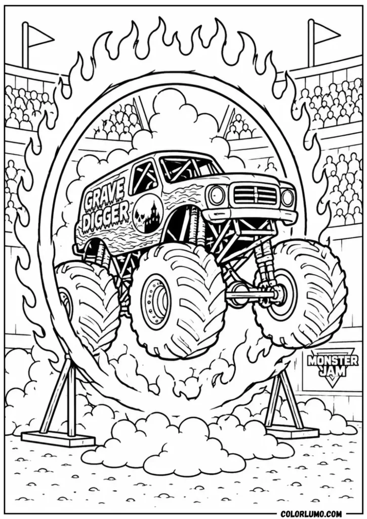 Grave Digger monster truck ring of fire coloring page