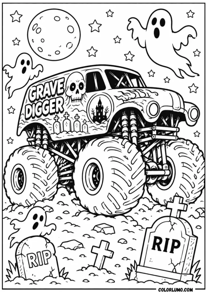 Grave Digger monster truck with ghosts coloring pages