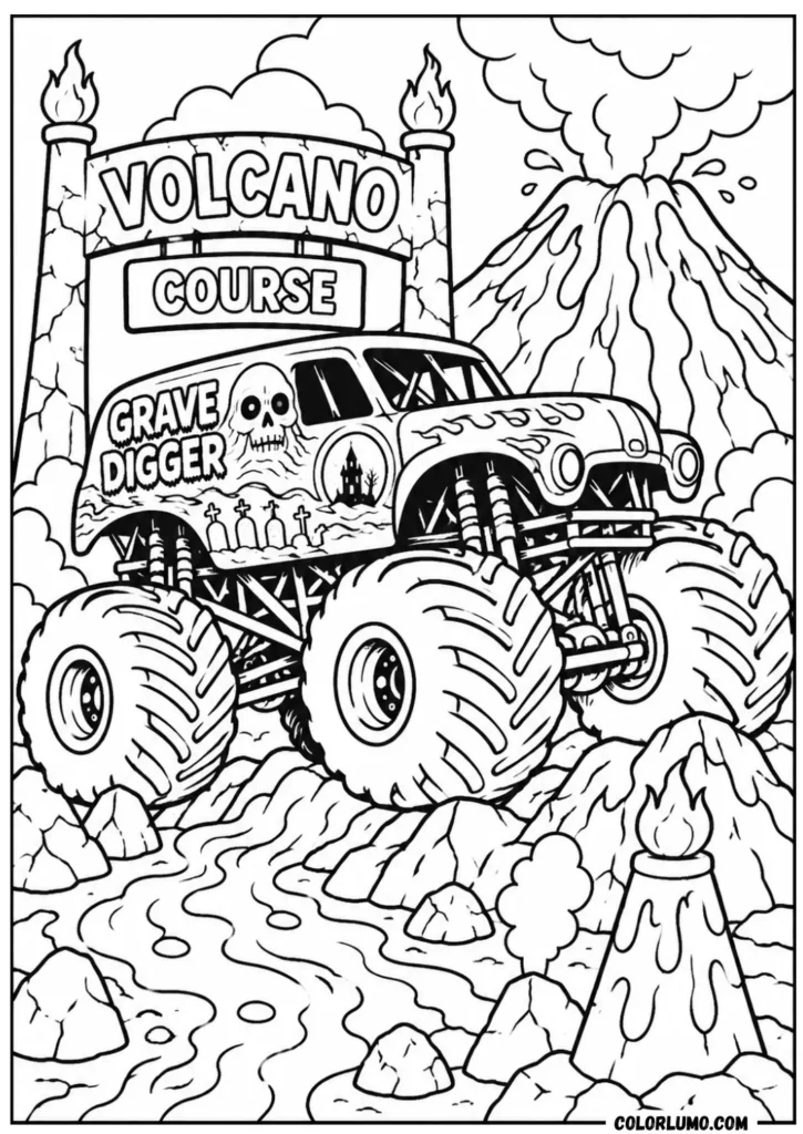 Grave Digger monster truckcoloring pages with volcano obstacle course