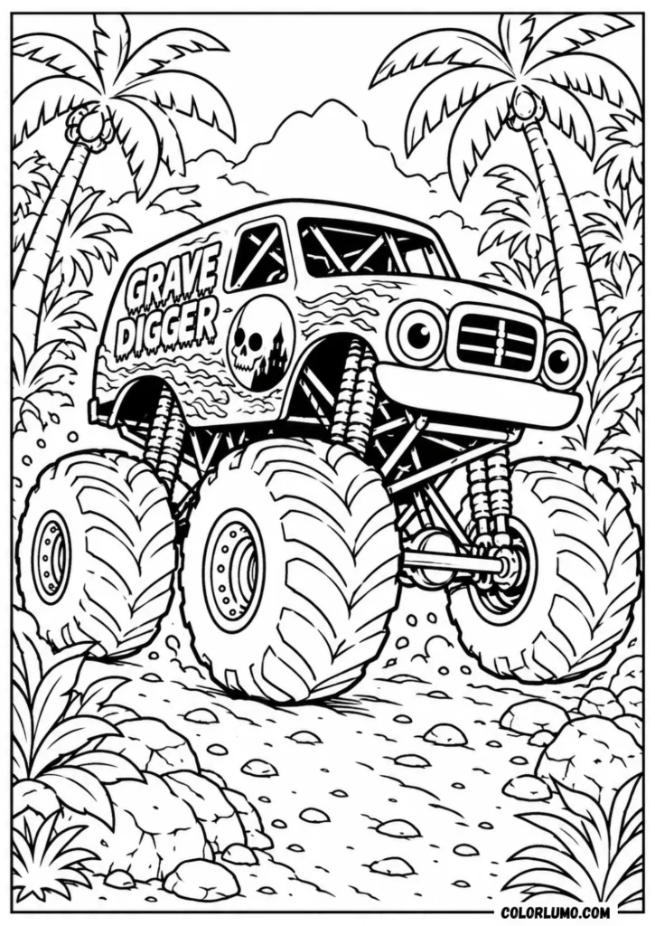 Jungle Grave Digger monster truck coloring page