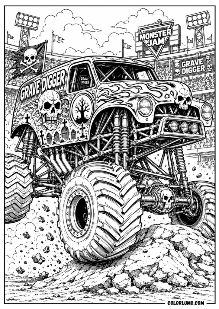 Realistic Grave Digger monster truck coloring page