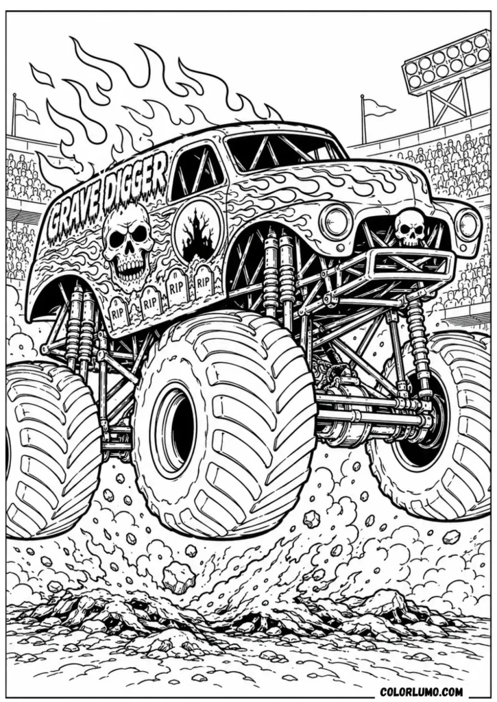 Scary Grave Digger monster truck flames coloring page
