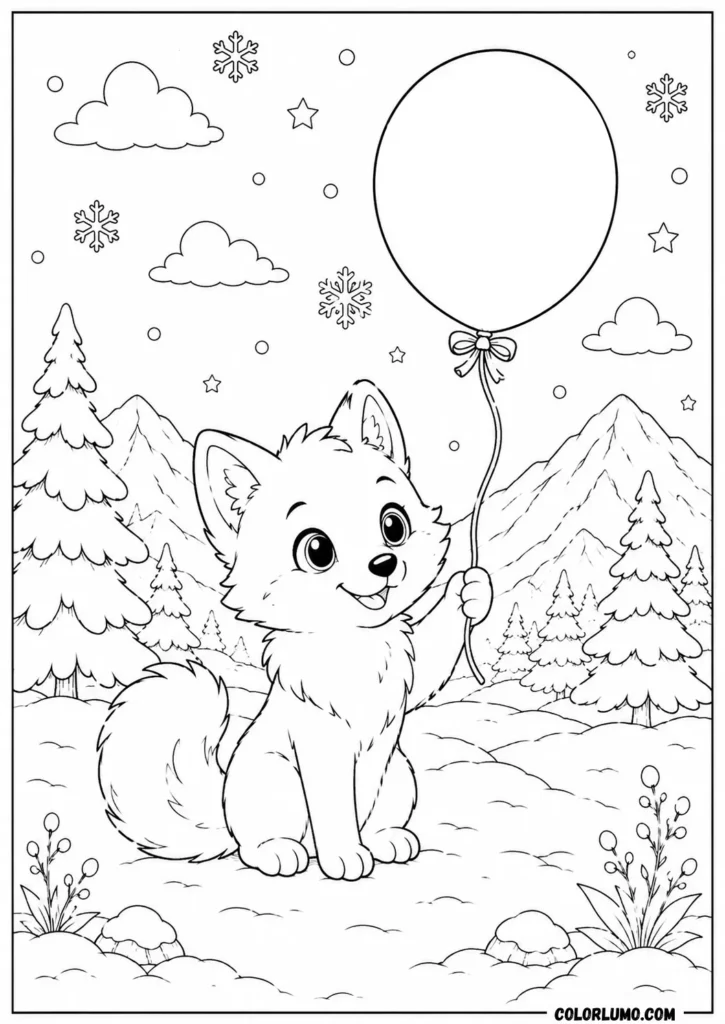 cute Arctic fox coloring pages holding balloon in winter snow