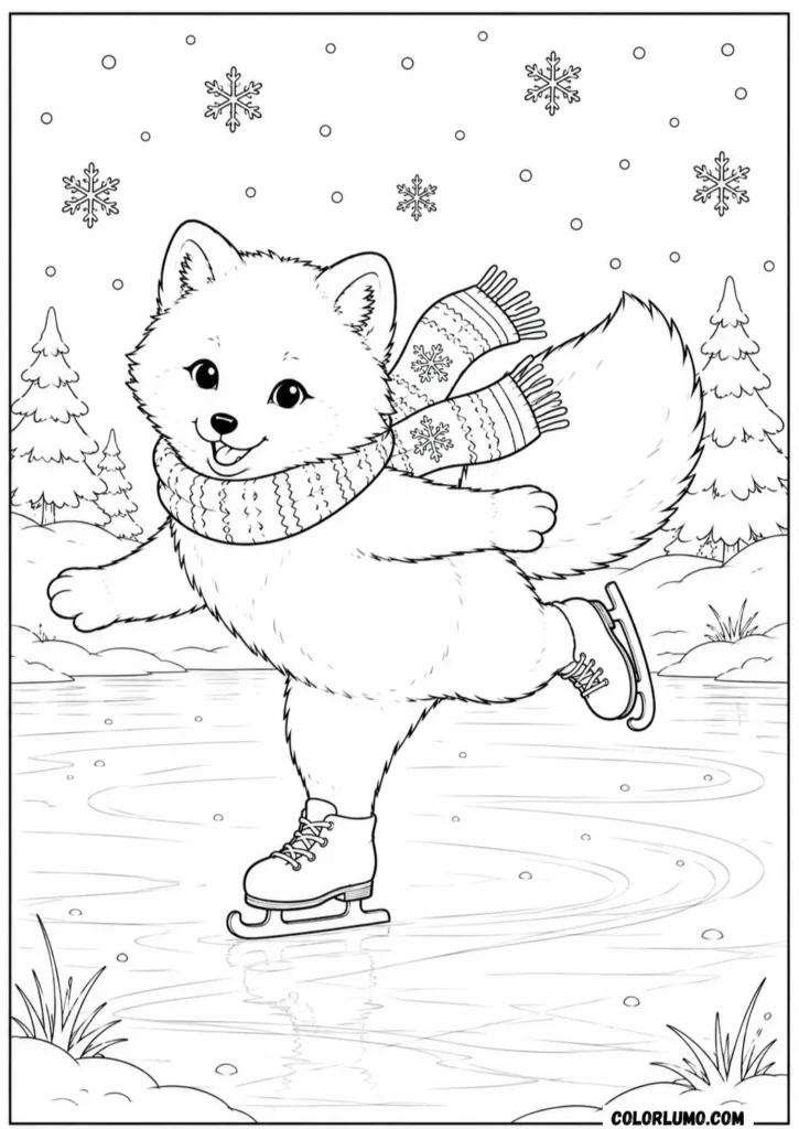 kawaii Arctic fox coloring page ice skating on frozen lake winter