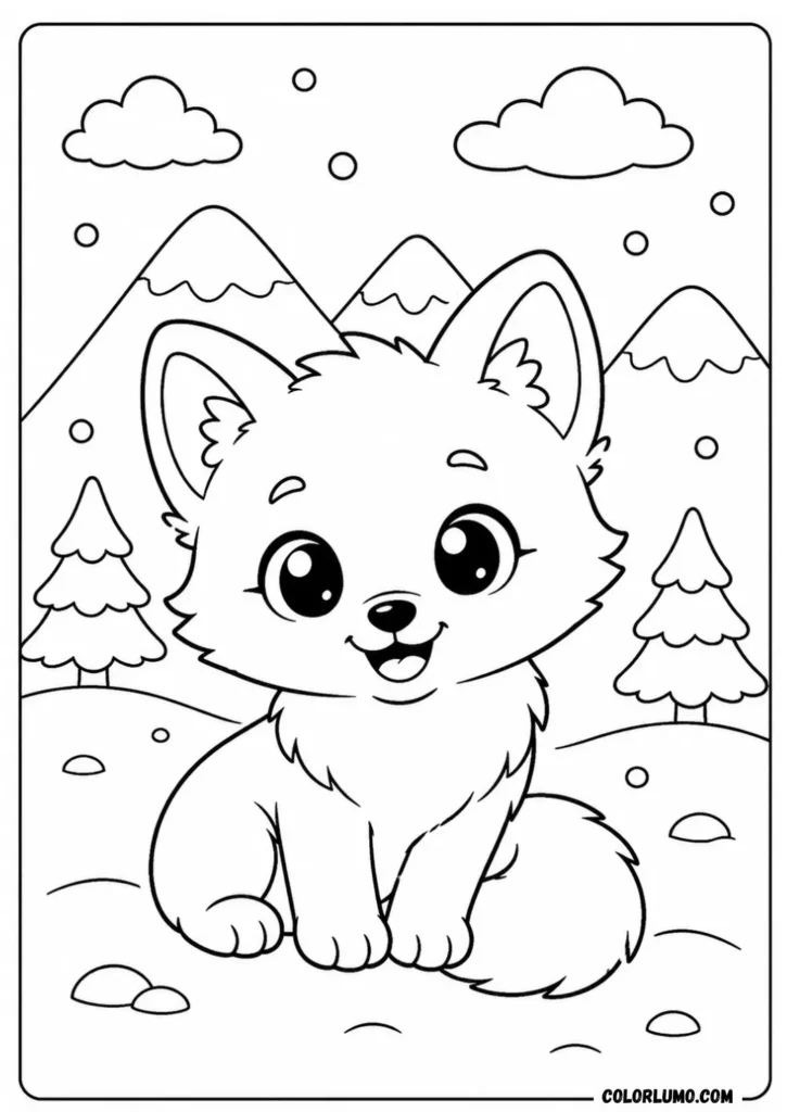 kawaii Baby Arctic fox coloring page with big eyes and smiling face