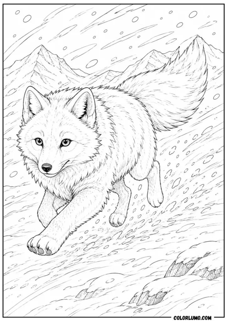Realistic Running Arctic fox coloring page