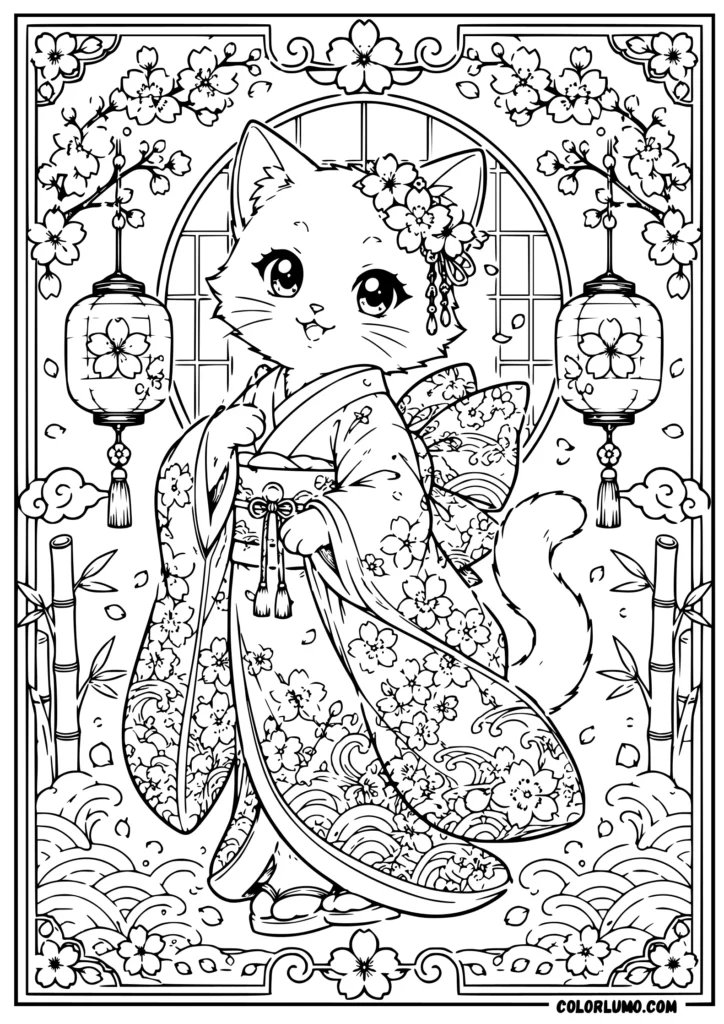 Anime Kimono Cat Coloring sheet for kids