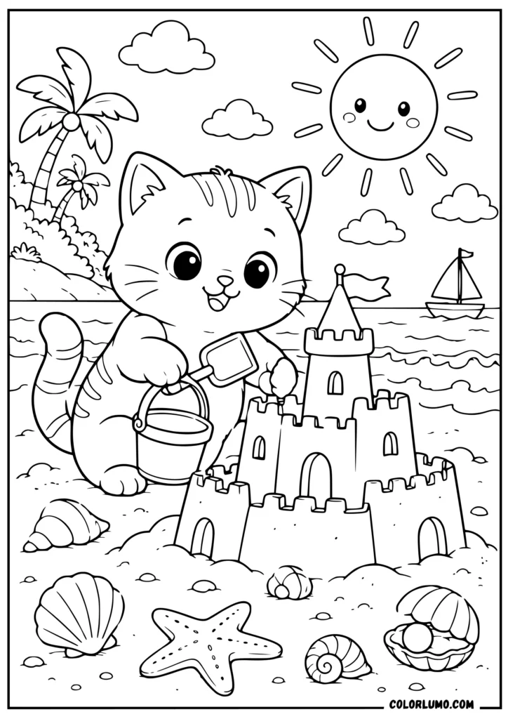 Cat Building a Sandcastle coloring page