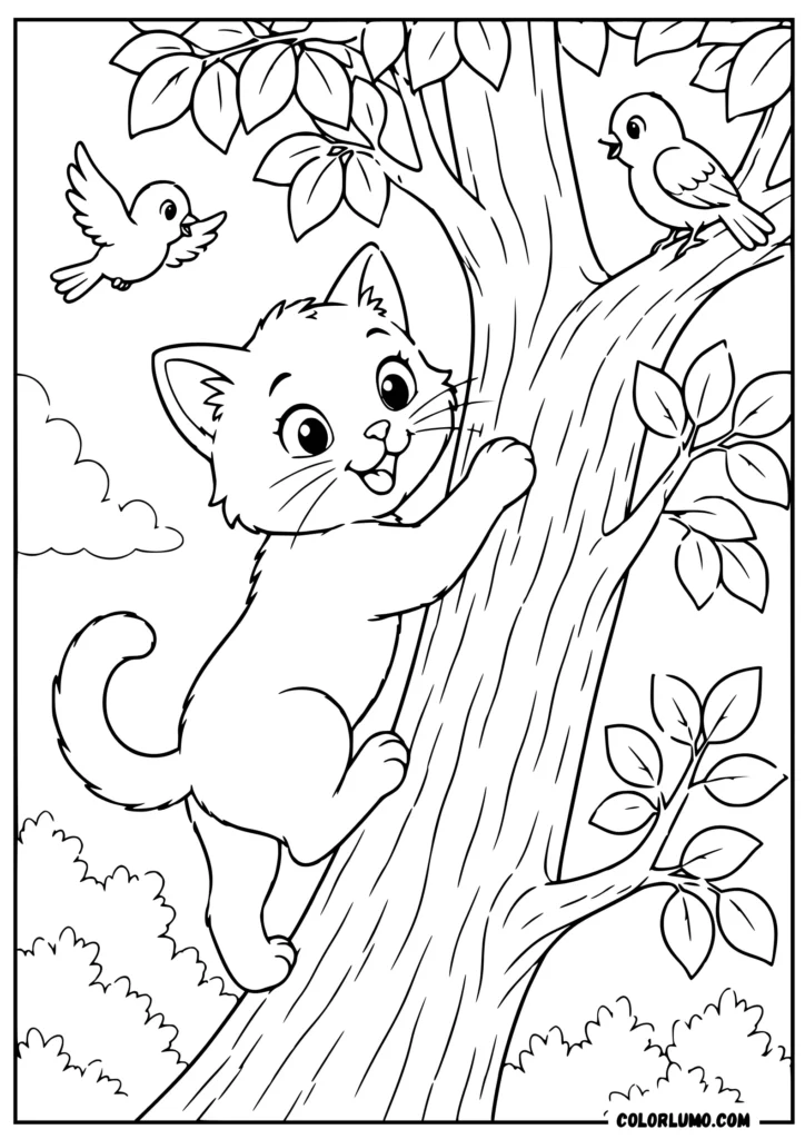 Cat climbing a tree coloring page