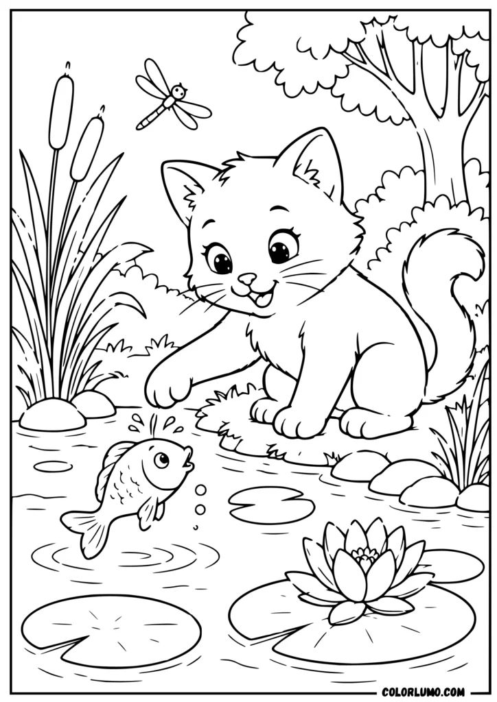 Cat fishing by a pond coloring page
