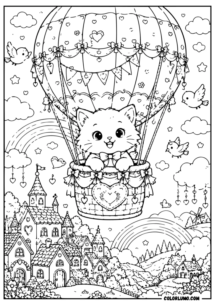 Cat in a Hot Air Balloon Coloring Page