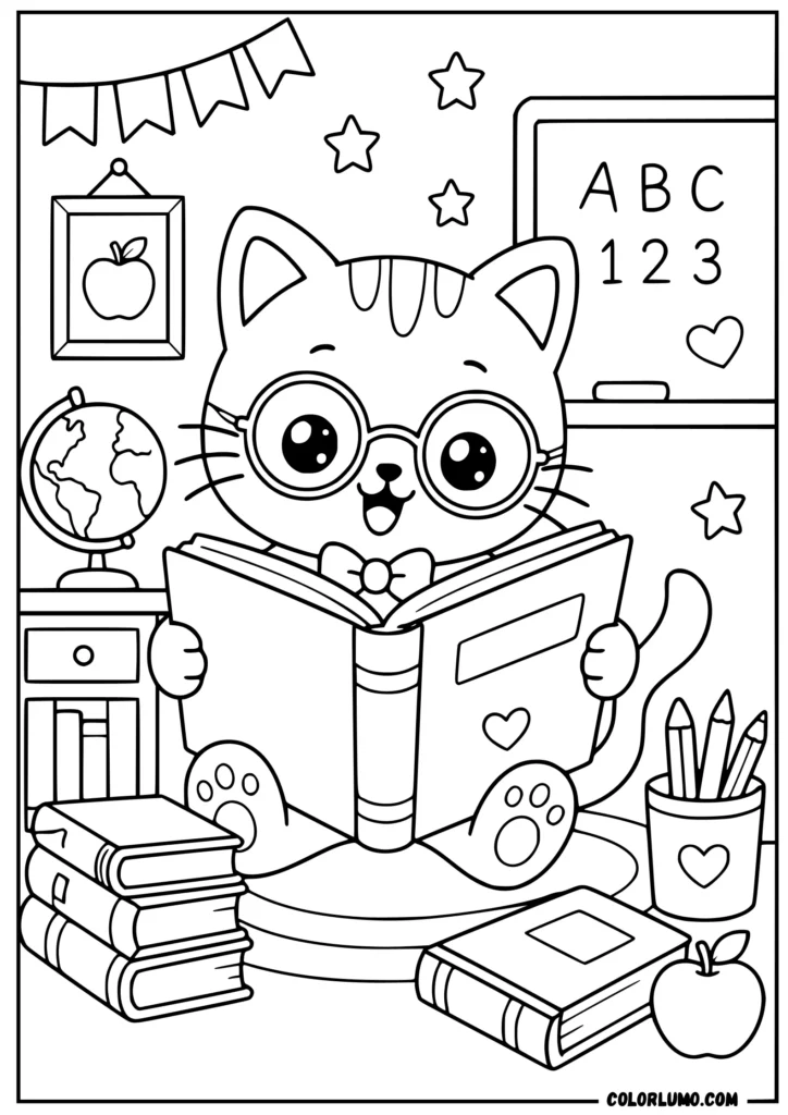 Cat reading a book coloring page
