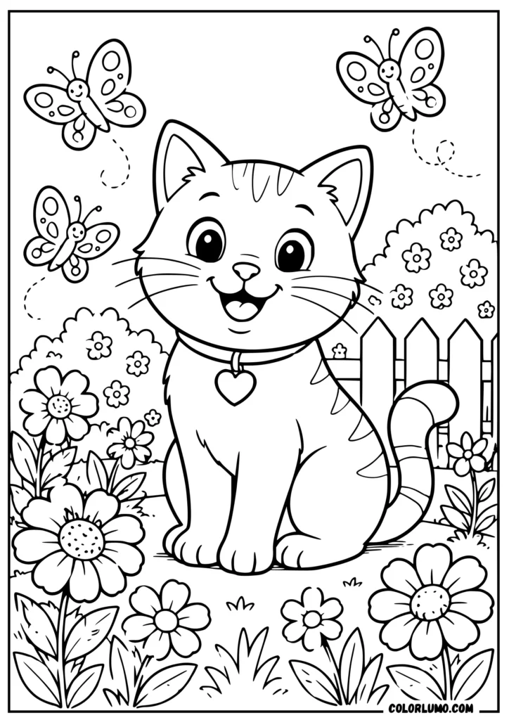 Cat sitting in a flower garden coloring page with butterflies
