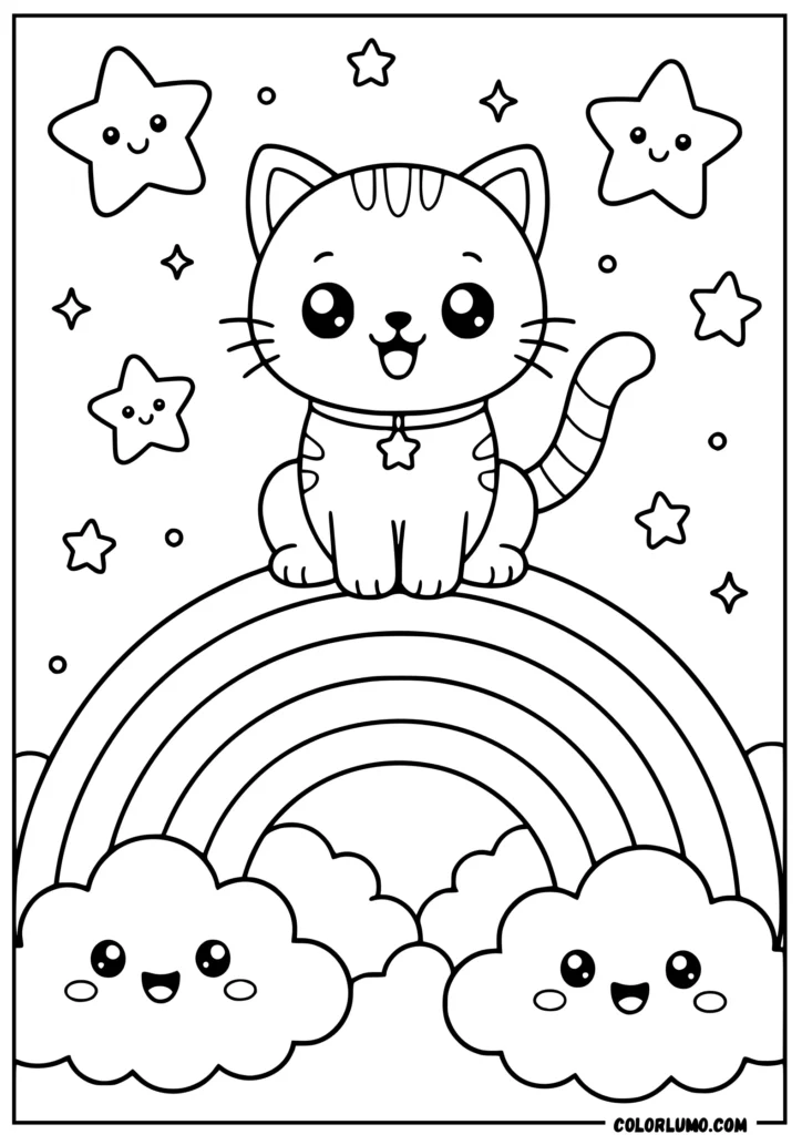 Cat sitting on a rainbow coloring page