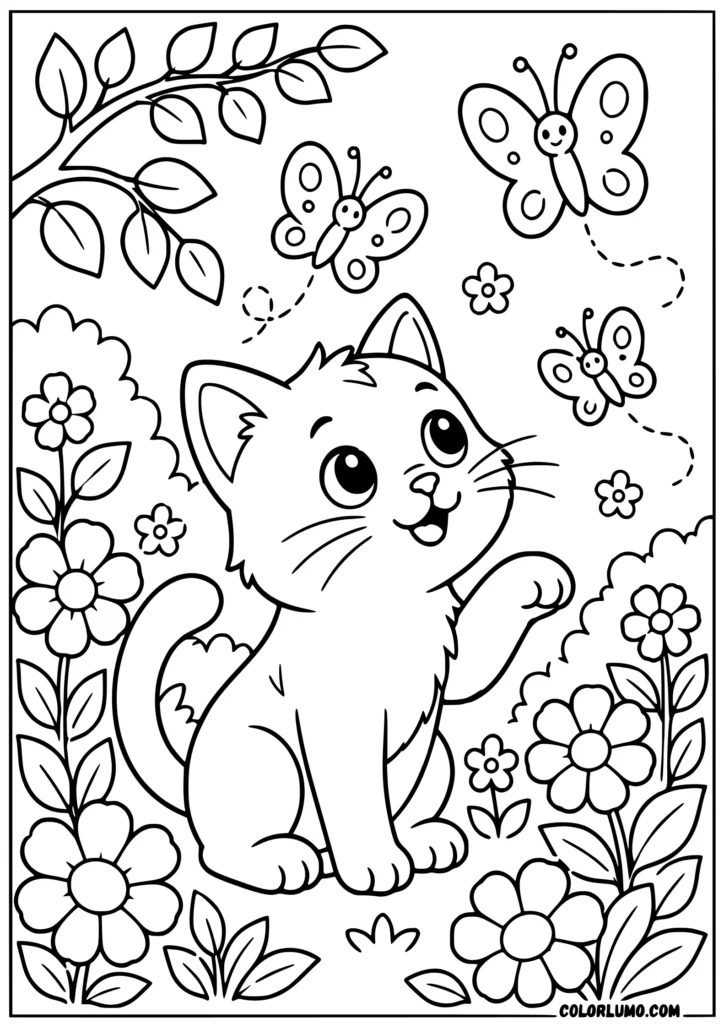 Cat watching butterflies coloring page