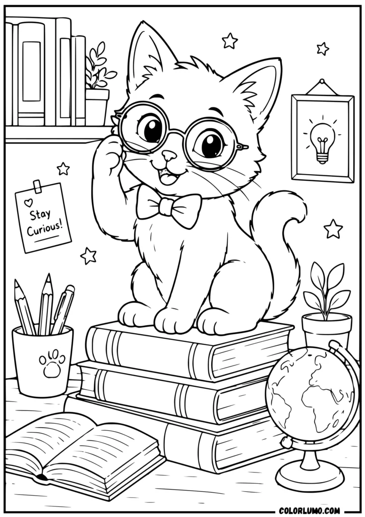 Cat wearing glasses coloring sheet