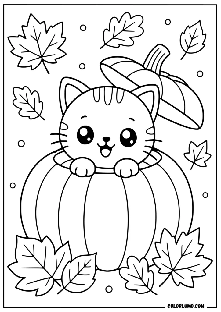 Cute cat inside a pumpkin coloring page