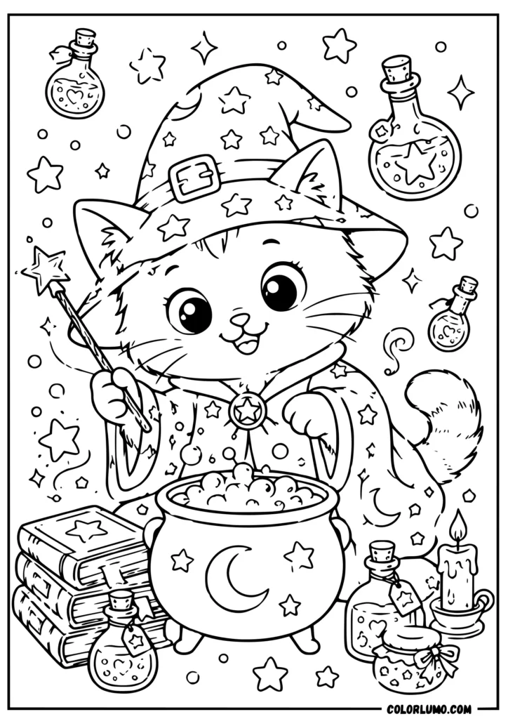 Cute fluffy wizard cat coloring page