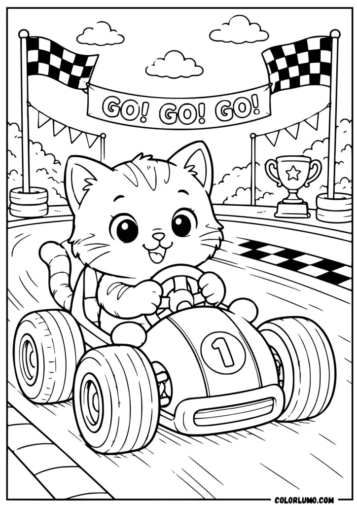 Cute kitten driving a small race car coloring pages