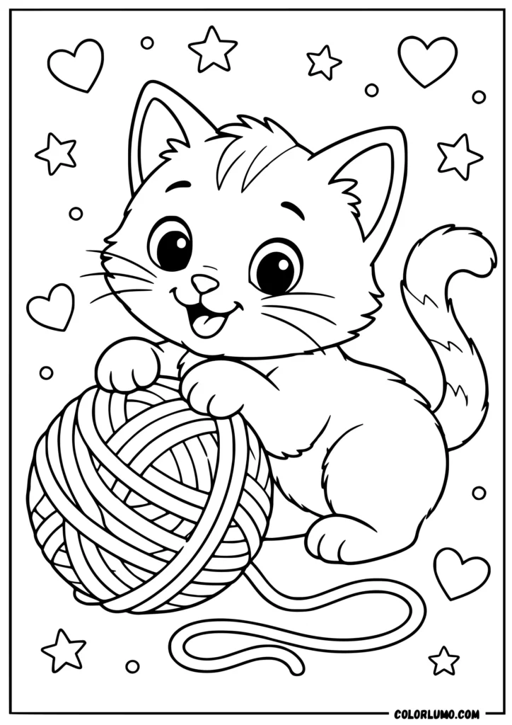Cute kitten playing with a ball of yarn coloring page for kids