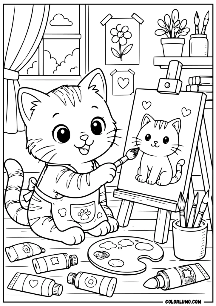 Cute kitten sitting beside an easel painting a cat portrait coloring pages