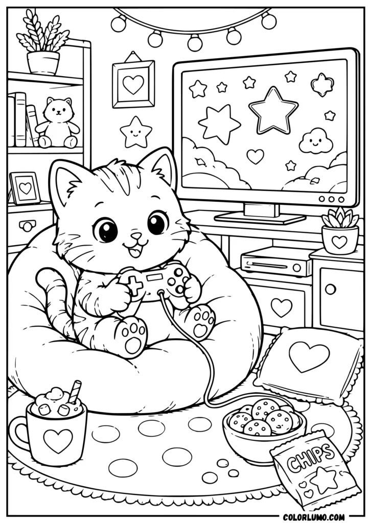 Cute kitten sitting on a bean bag playing video game coloring sheet