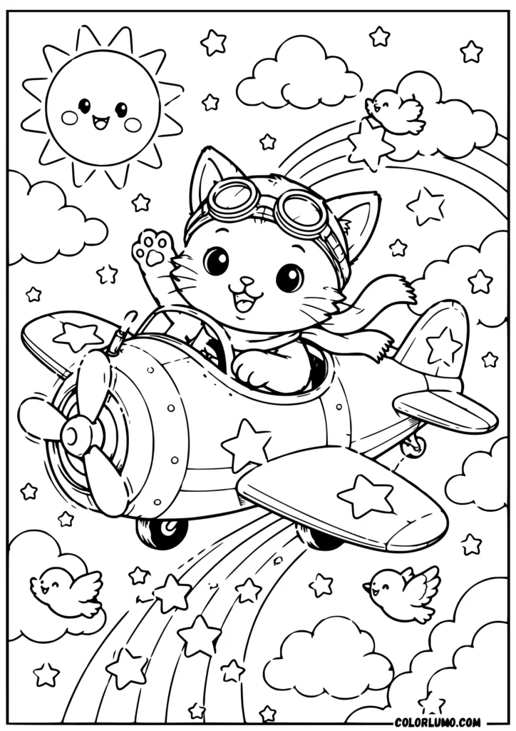 Kawaii Cat Flying an Airplane coloring sheet