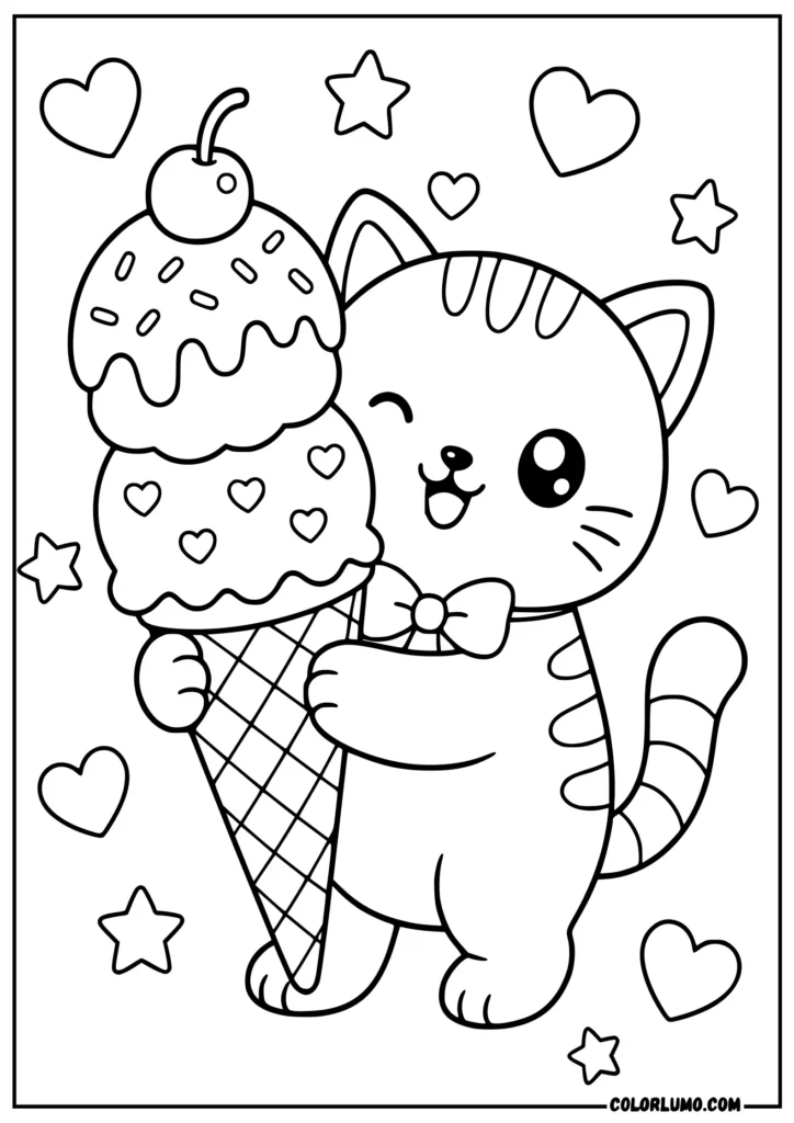Kawaii cat holding an ice cream coloring page