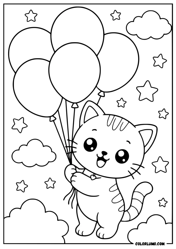 Kitten holding balloons coloring pages